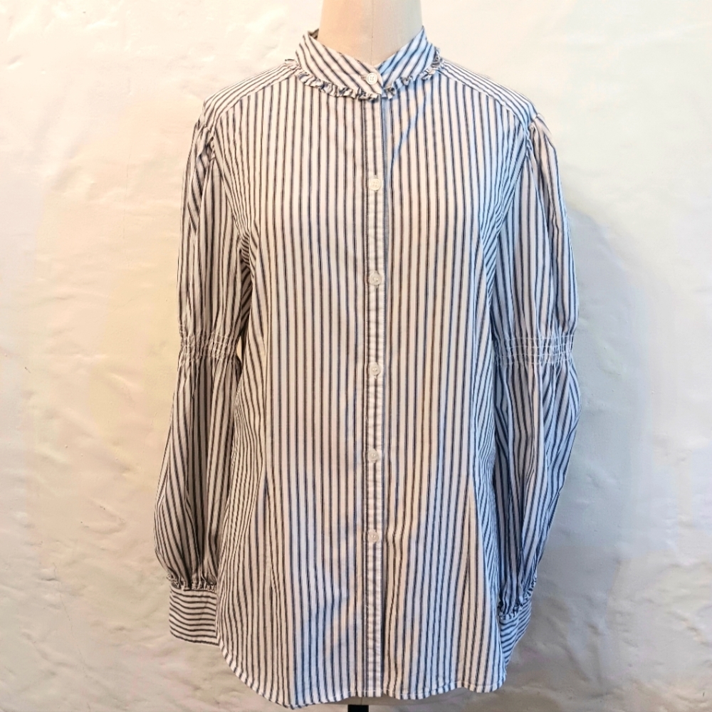 Cotton striped, button up, mock neck blouse, juliet sleeves. Large. Max Studio